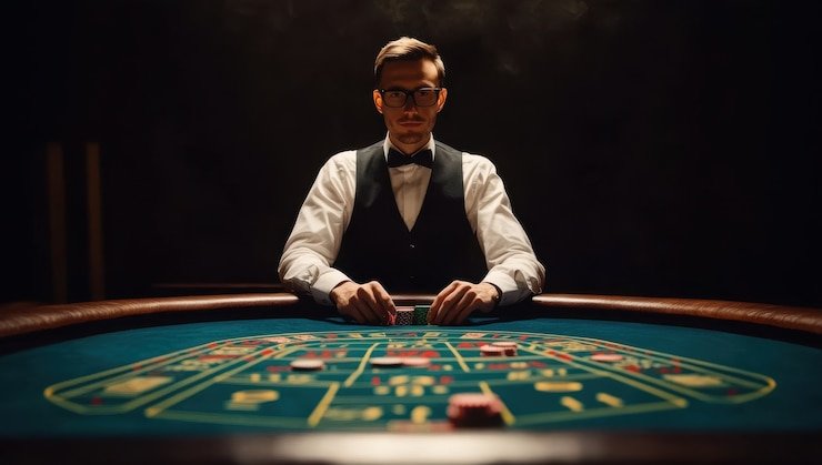 Dealer profesional di studio blackjack nadintogel menyajikan permainan langsung dengan kualitas video tinggi